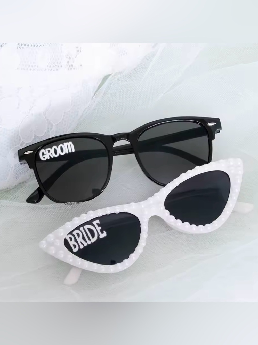 New Bride & Groom Pearl Accent Sunglasses - Black & White